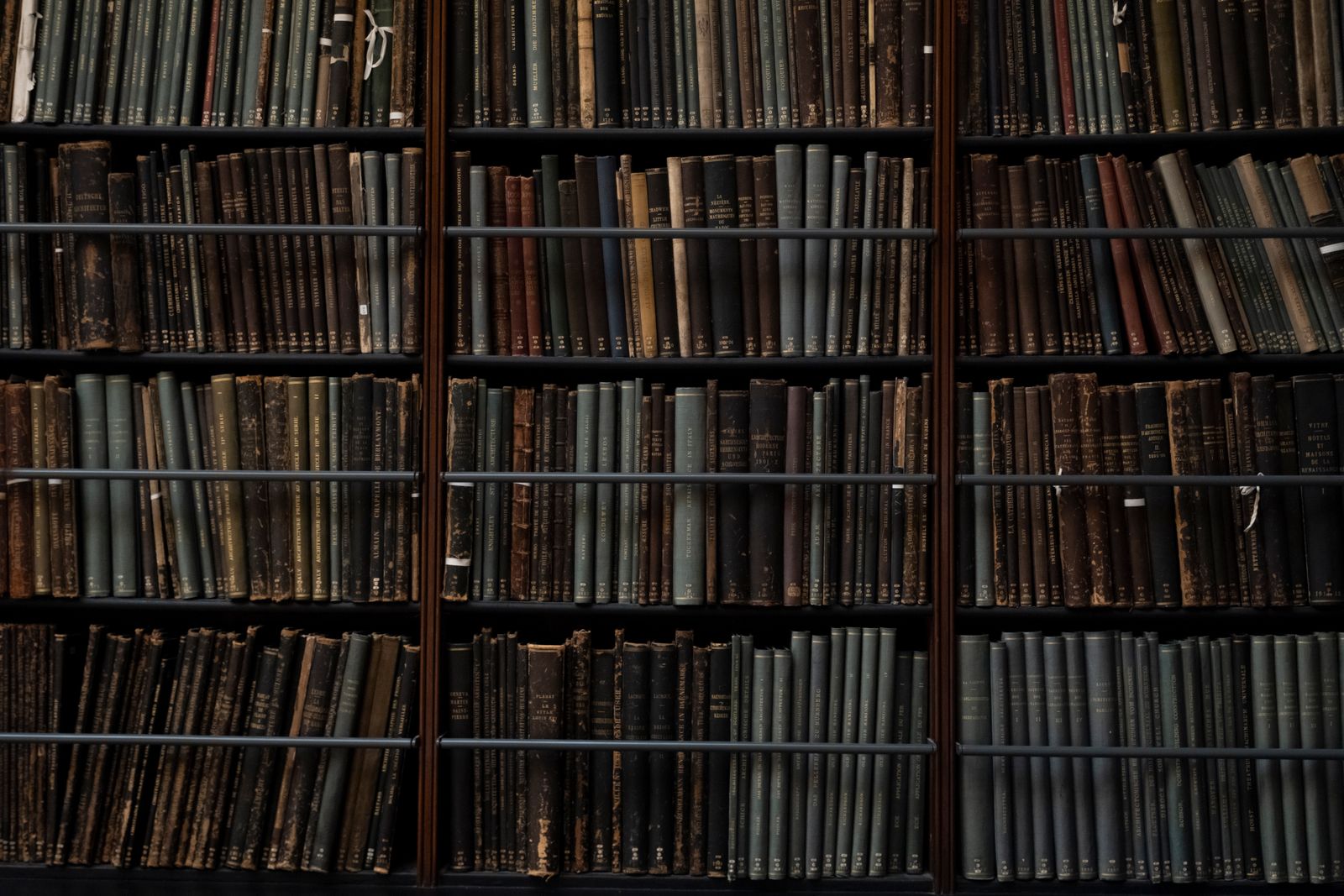 Antique leather-bound law reports on the shelves of a London library