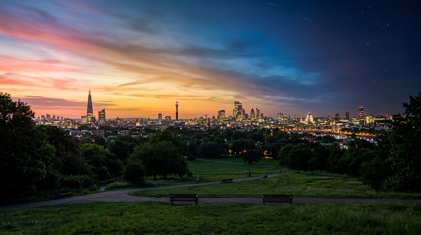 Primrose Hill panoramic view of the London skyline at dusk