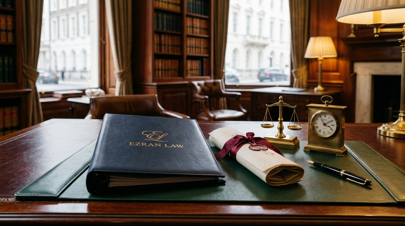 Partner Desk with Navy Calfskin Completion Deed Binder